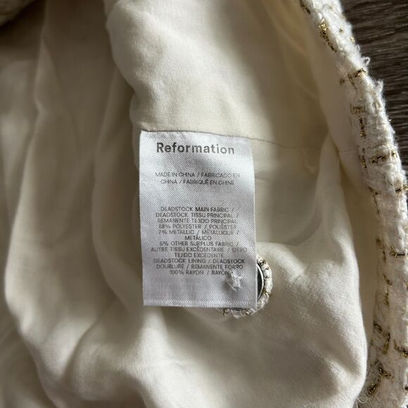 EUC Reformation Jaine Tweed Mini Dress Size 8 White Cream Gold Button Front Chic - Picture 8 of 15